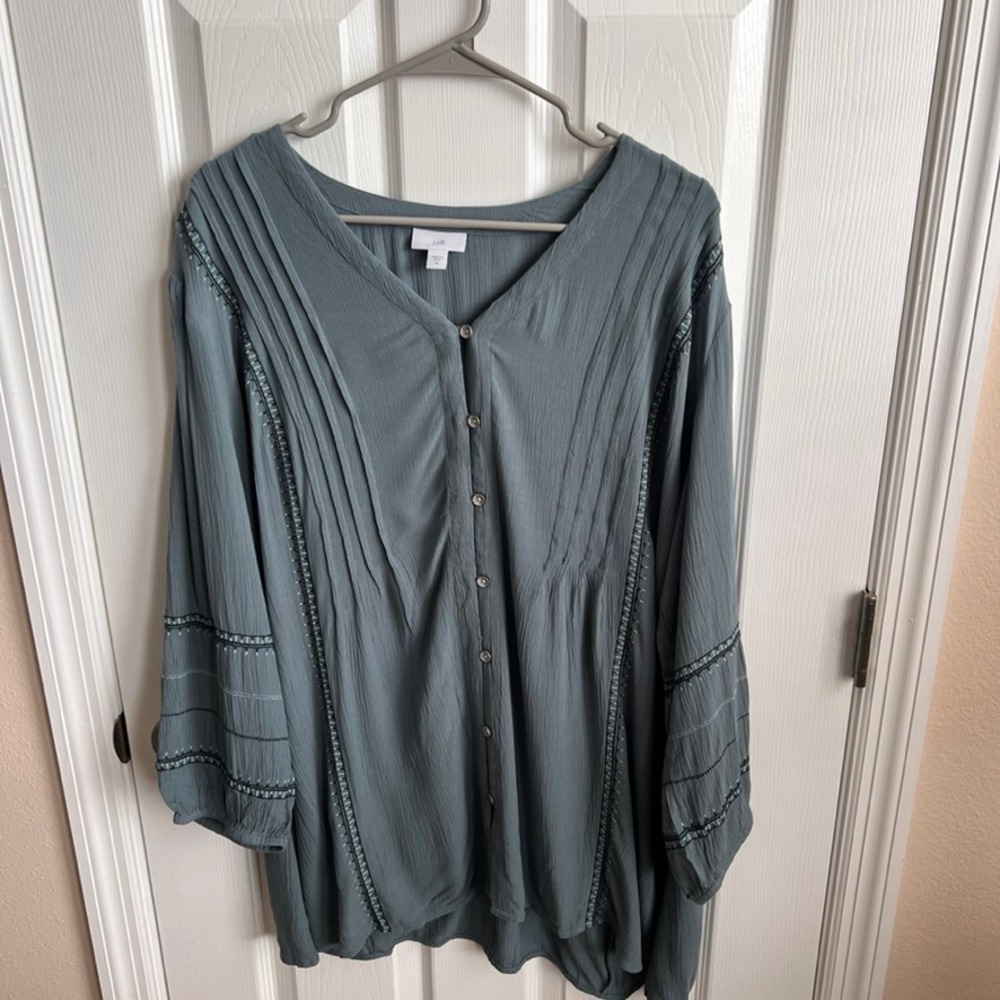 J. Jill Button-Up Tunic Top‎ Embroidered Details Ladies Long Sleeve Blouse XL